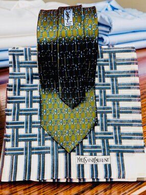 Set  Yves Saint Laurent Necktie Silk & Handkerchief YSL Olive Green  Striped (20
